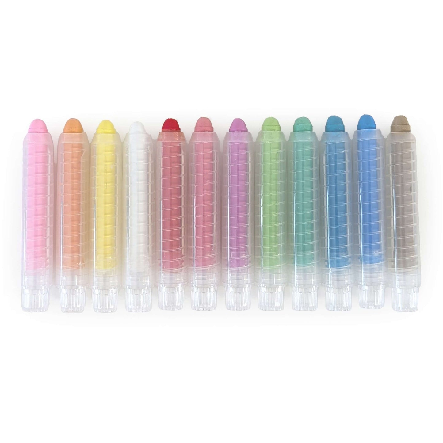 12 colourful washable and twist retractable crayons on white background