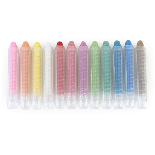 12 colourful washable and twist retractable crayons on white background