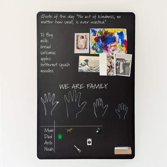 Rectangular black chalkboard noticeboard with chalk writing and pictures and magnetic items.